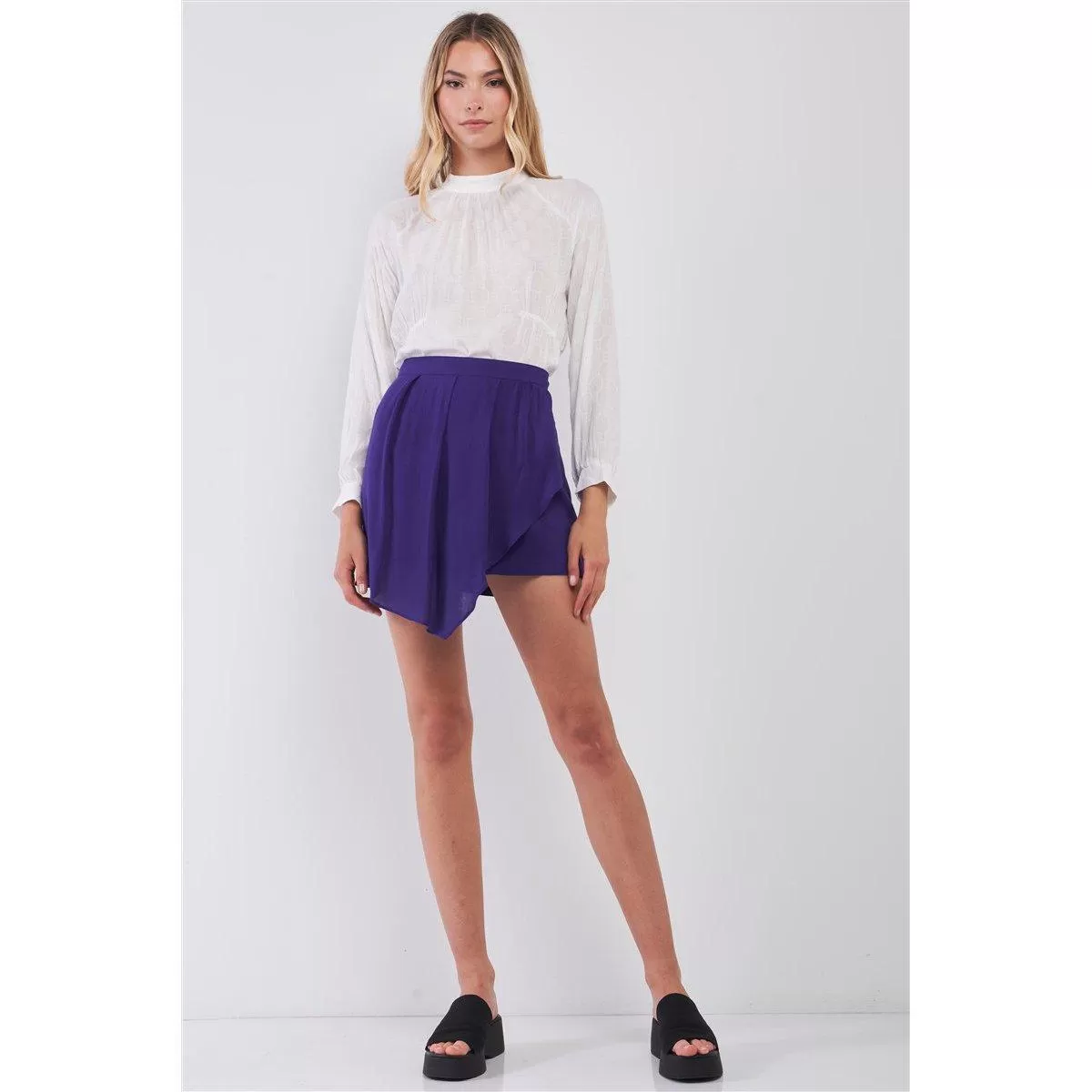 Purple High-waisted Asymmetrical Wrap Pleated Front Mini Skirt