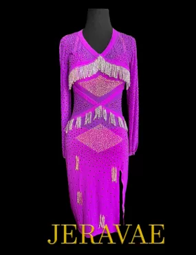 Purple Long Sleeve Latin Dress with V-Neckline, Crystal AB Stone Tassels, Side Slit in Skirt, and Semi-Open Back Sz XS Lat189