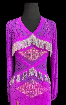 Purple Long Sleeve Latin Dress with V-Neckline, Crystal AB Stone Tassels, Side Slit in Skirt, and Semi-Open Back Sz XS Lat189