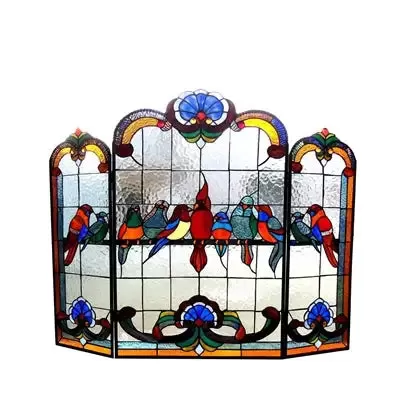 "Aves" Tiffany-glass Gathering Birds Design 3pcs Folding Fireplace Screen