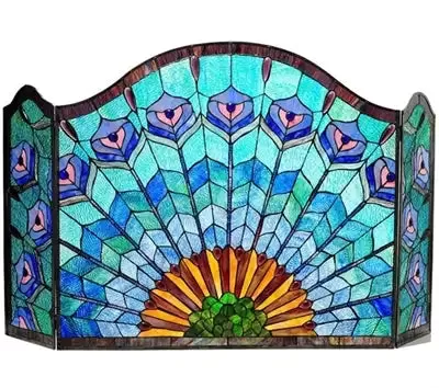 "REGAL EUDORA" Tiffany-glass Peacock Feather 3pcs Folding Fireplace Screen