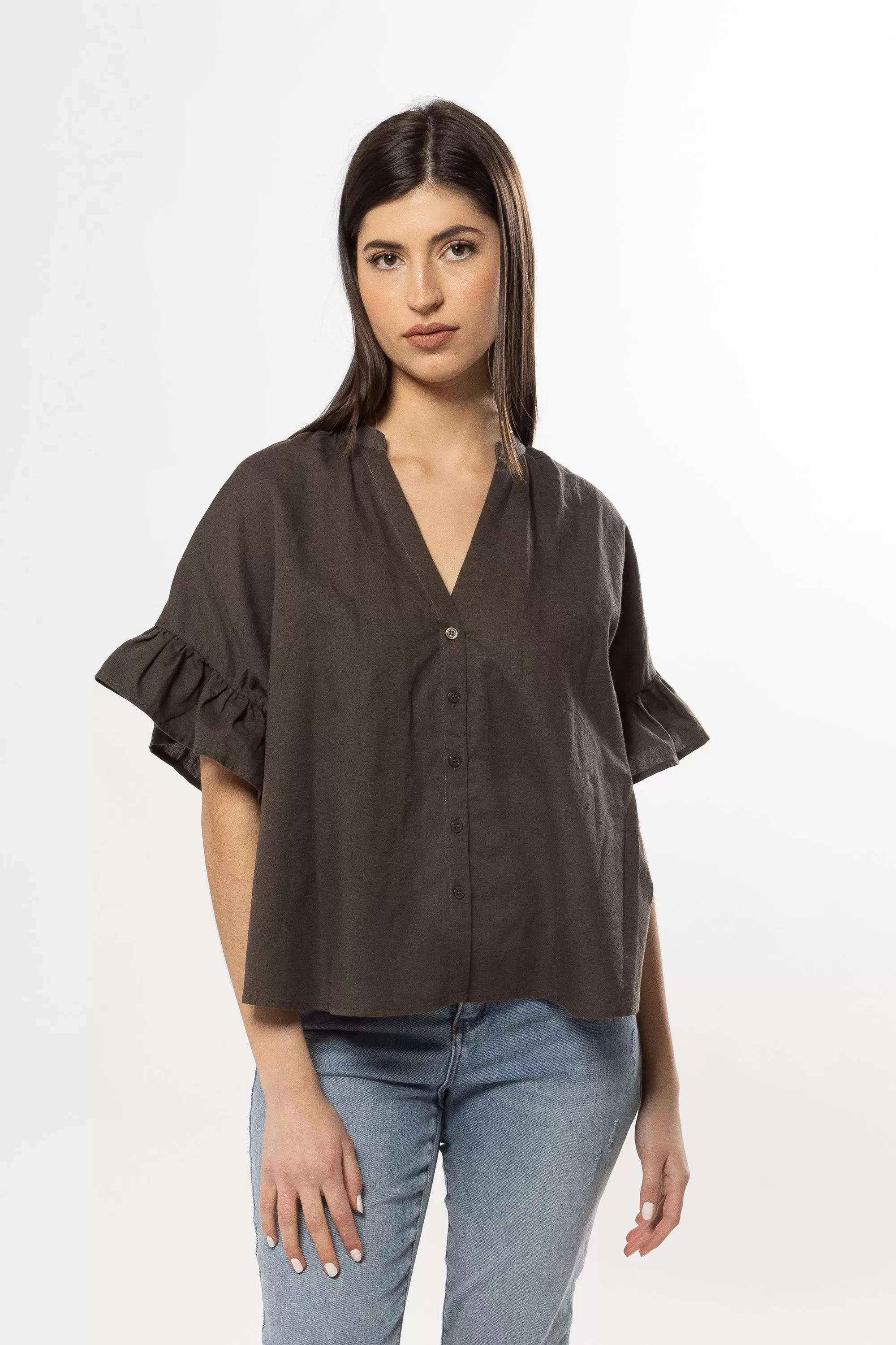 Riverstone Olive Linen Ruffle Sleeve Shirt