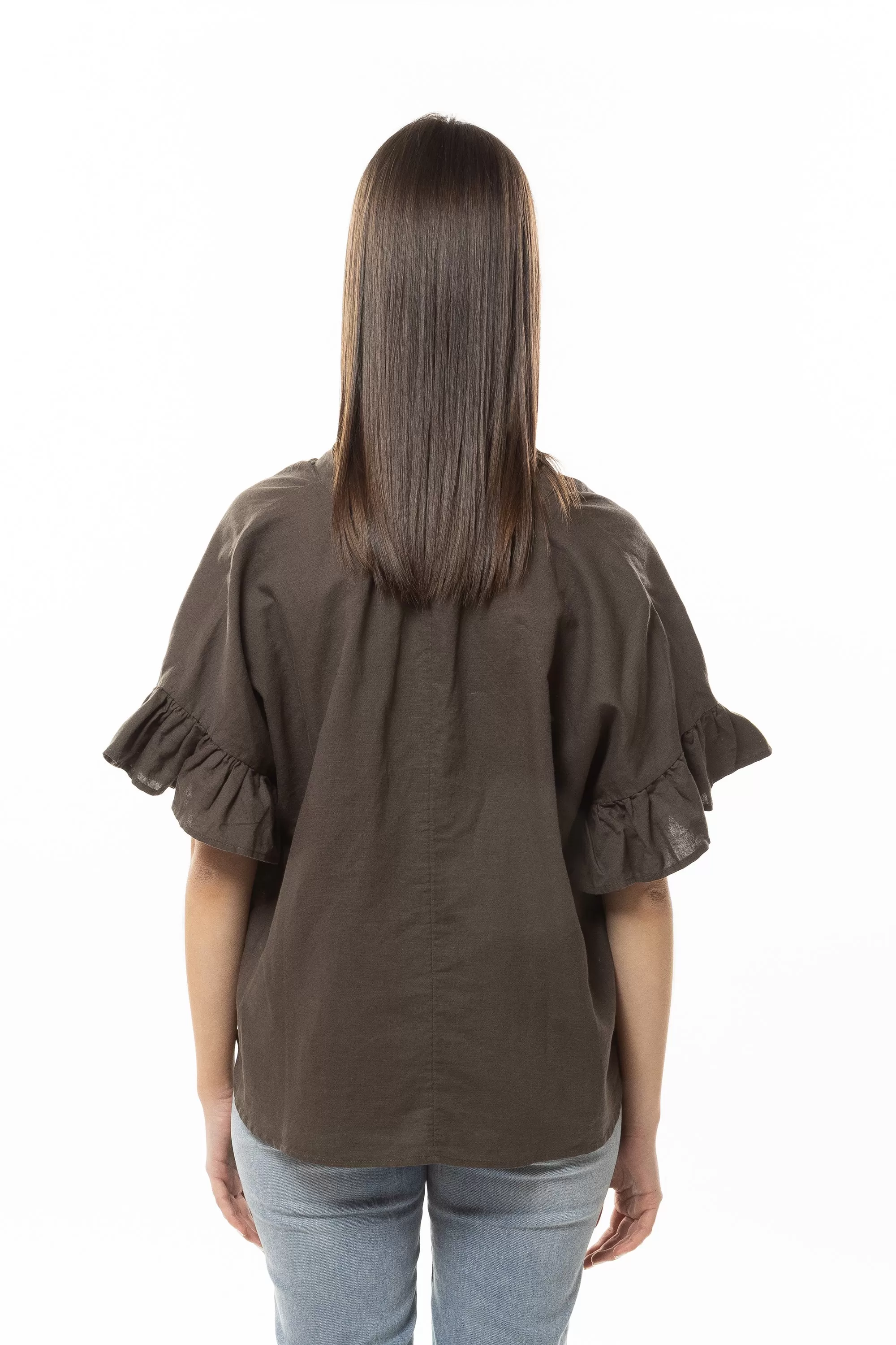 Riverstone Olive Linen Ruffle Sleeve Shirt