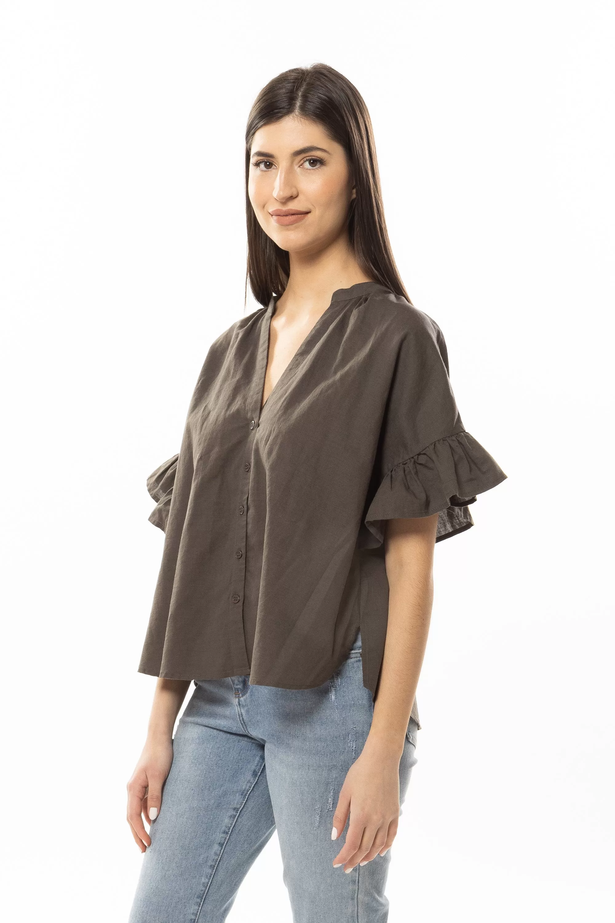 Riverstone Olive Linen Ruffle Sleeve Shirt