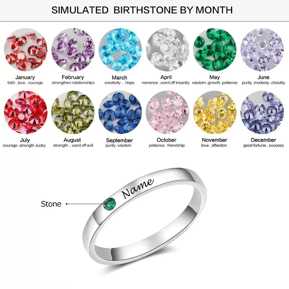 Silver Color Personalized Name Ring with Birthstone Custom Engraved Rings for Women Fashion Jewelry Gifts for Mother