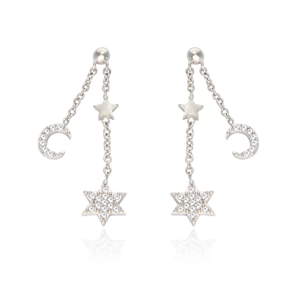 Tiny CZ Stars and Crescent Moon Chain Drop Ball Earrings