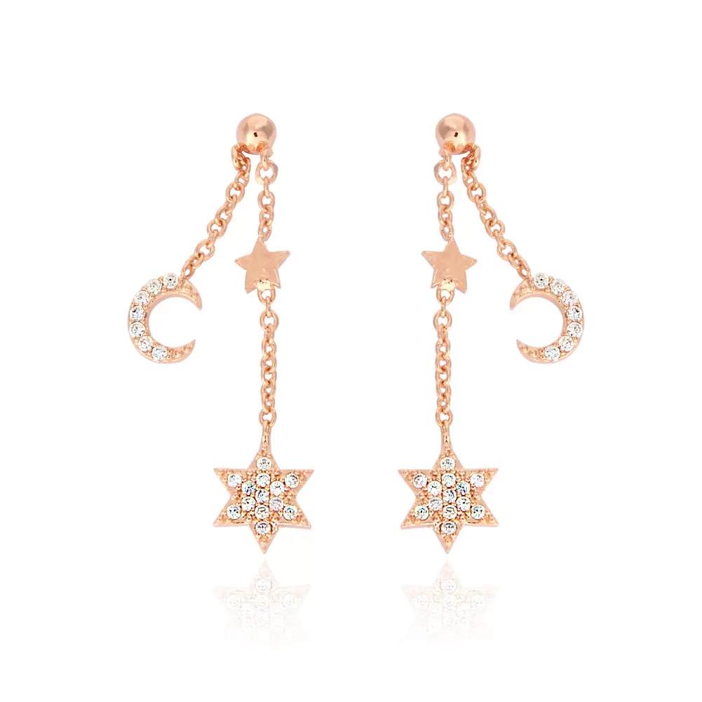 Tiny CZ Stars and Crescent Moon Chain Drop Ball Earrings