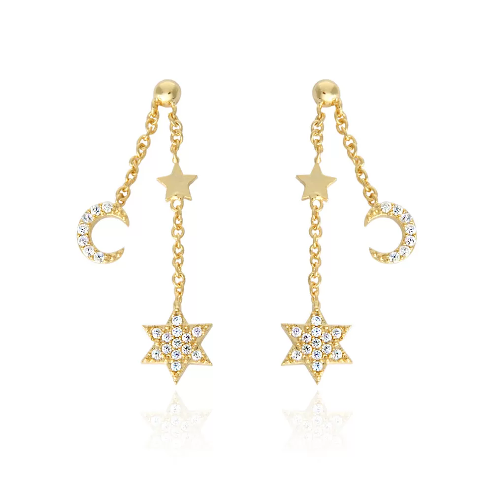 Tiny CZ Stars and Crescent Moon Chain Drop Ball Earrings