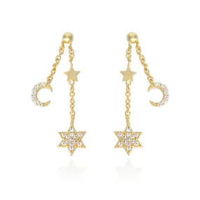 Tiny CZ Stars and Crescent Moon Chain Drop Ball Earrings