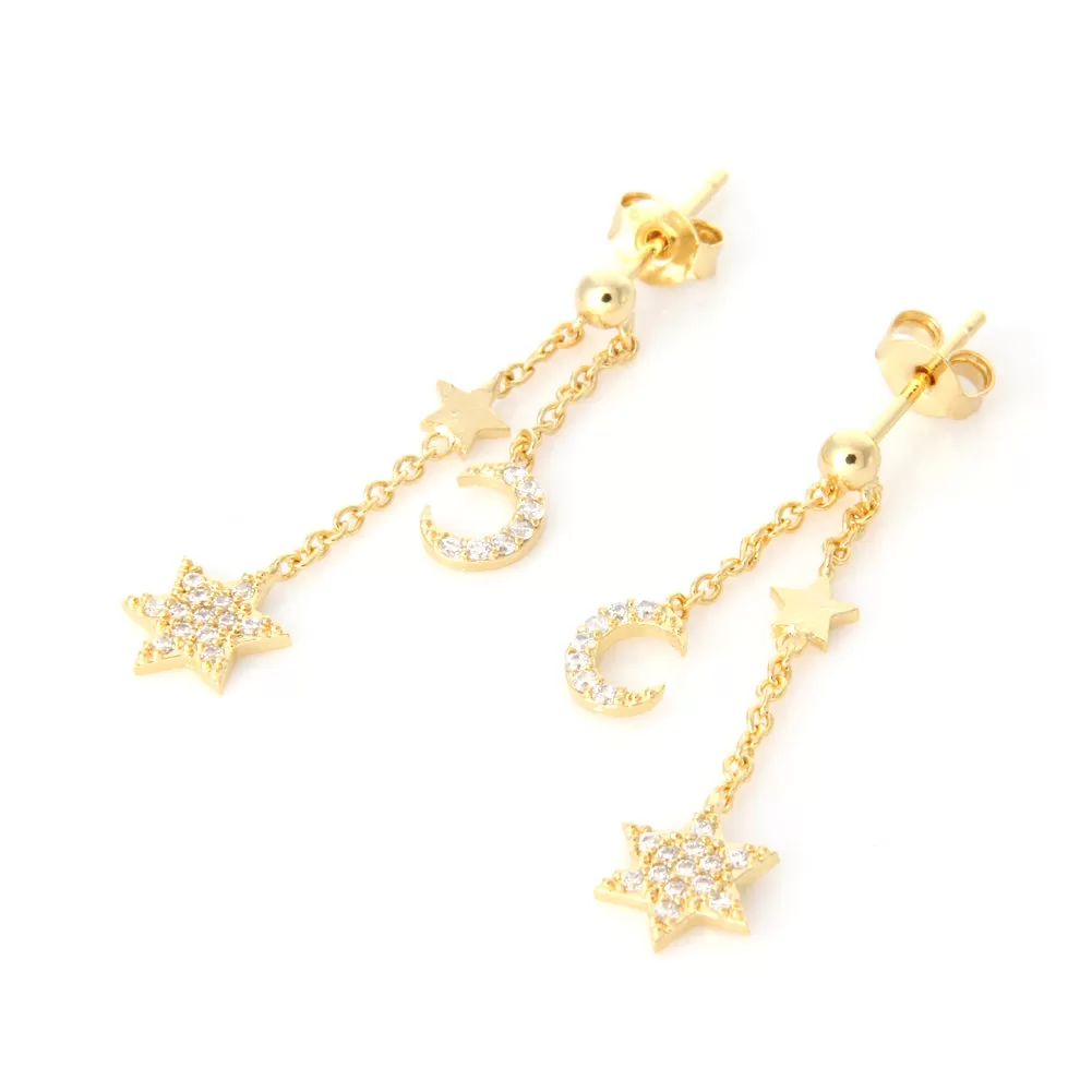 Tiny CZ Stars and Crescent Moon Chain Drop Ball Earrings