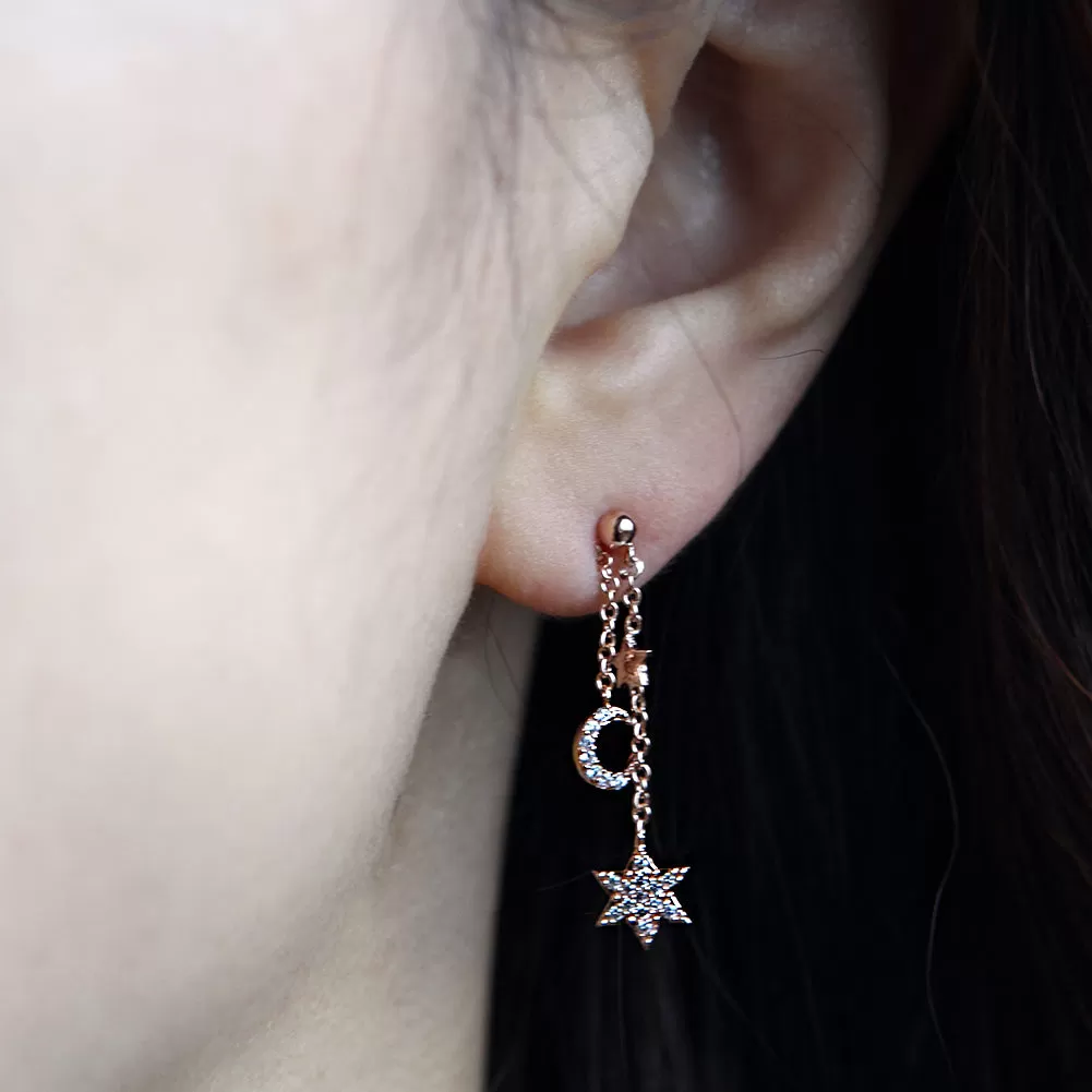 Tiny CZ Stars and Crescent Moon Chain Drop Ball Earrings