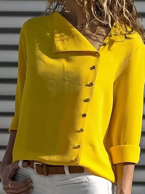 Women's V-Neck Button-Up Blouse in Black, White, and Yellow Cotton with Long Sleeves