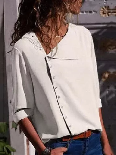 Women's V-Neck Button-Up Blouse in Black, White, and Yellow Cotton with Long Sleeves