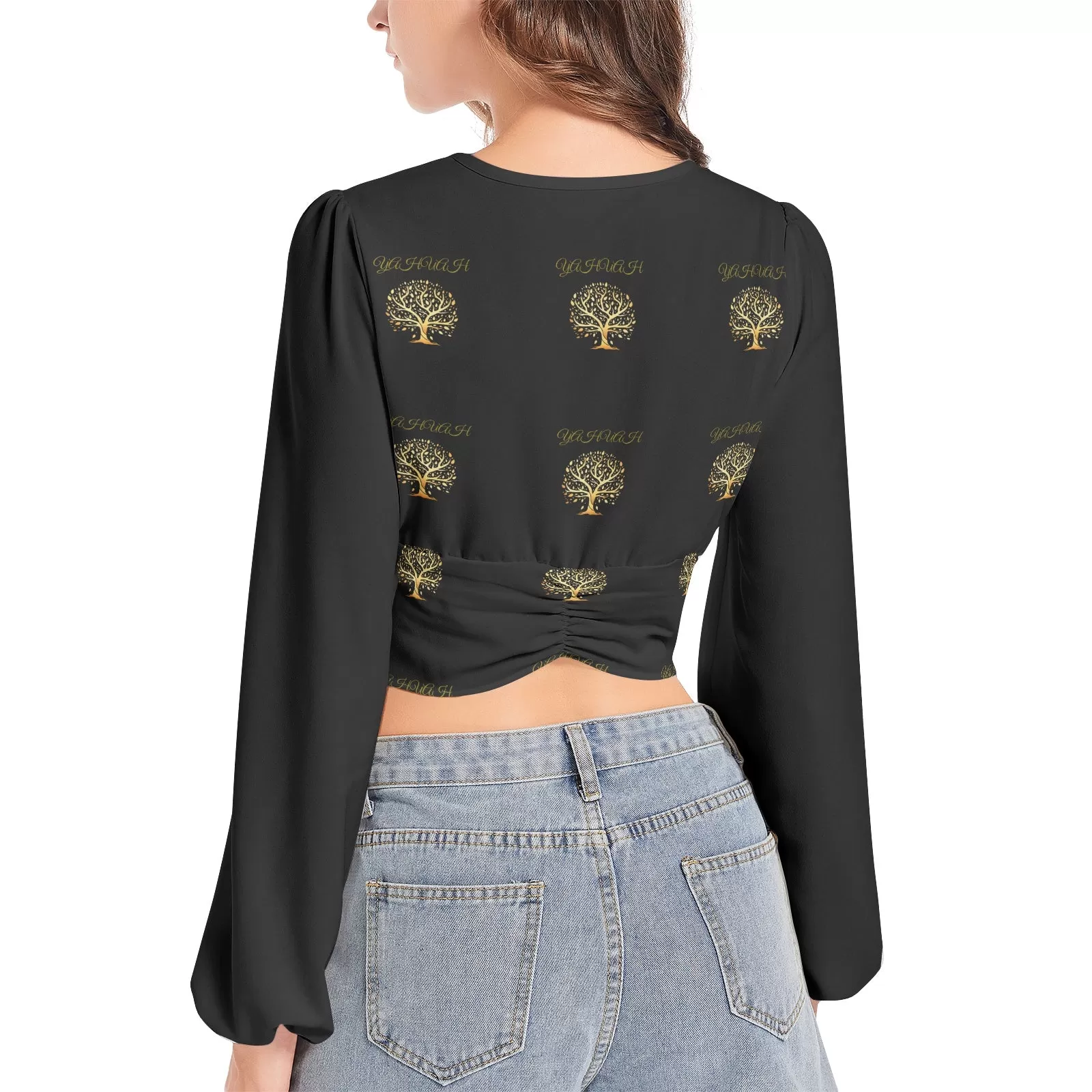 Yahuah-Tree of Life 01 Elect Deep V-Neck Lantern Sleeve Crop Top