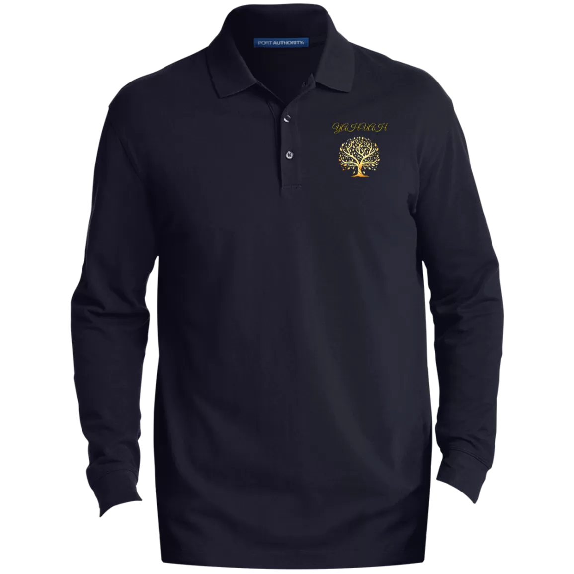 Yahuah-Tree of Life 01 Men's Designer EZCotton Long Sleeve Three Button Polo Shirt (Black/Navy Blue)