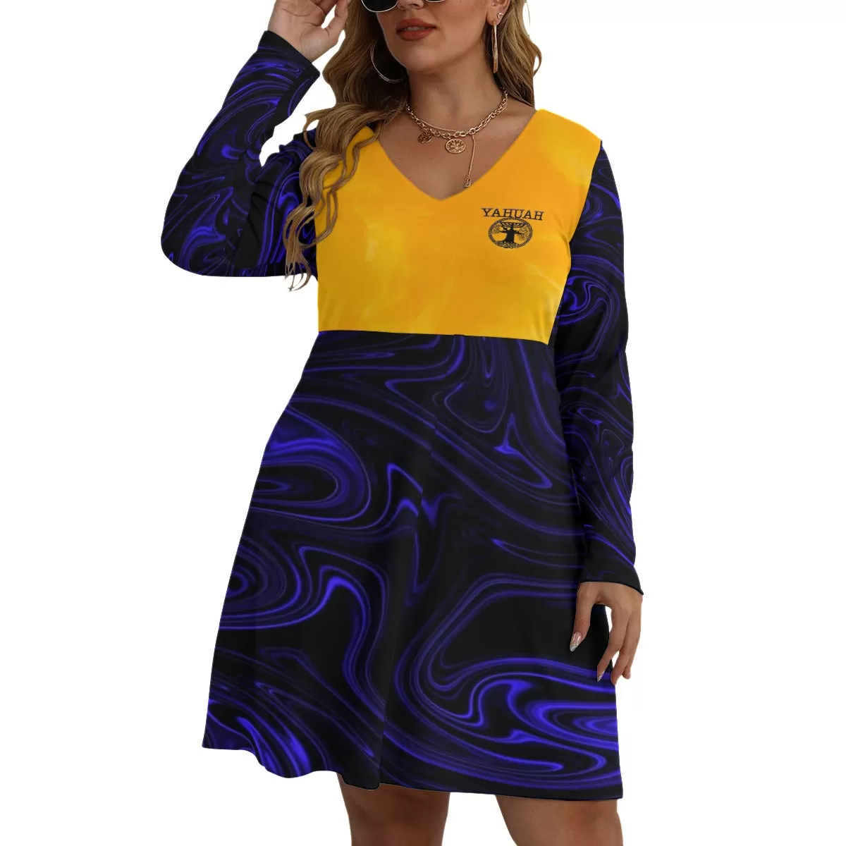 Yahuah-Tree of Life 02-02 Elect Designer V-neck Long Sleeve Flared Plus Size Mini Dress