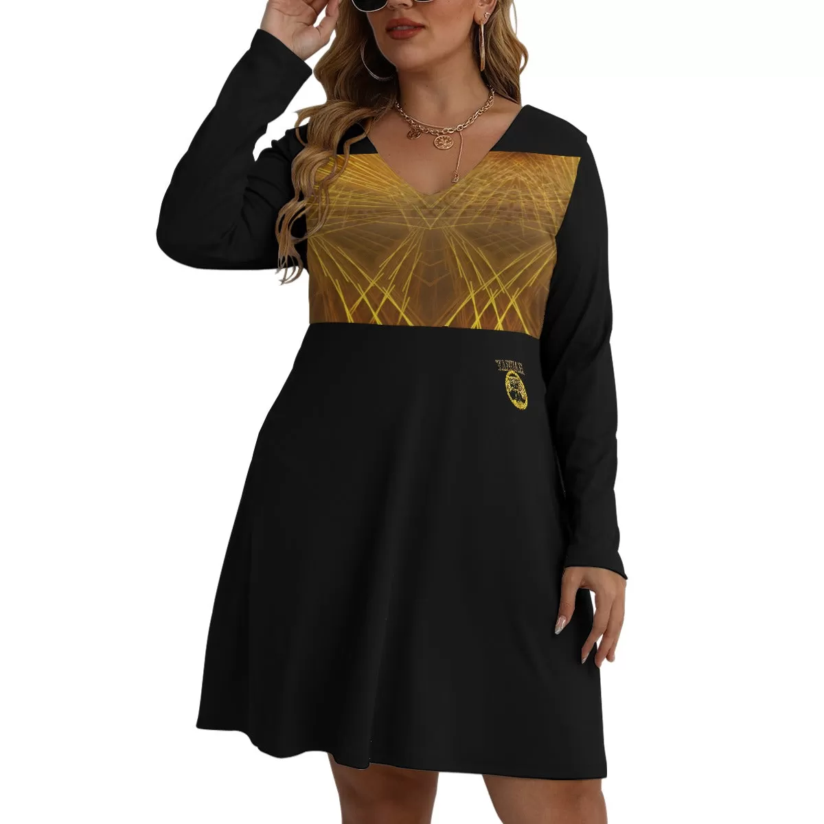 Yahuah-Tree of Life 02-03 Voltage Designer V-neck Long Sleeve Flared Plus Size Mini Dress