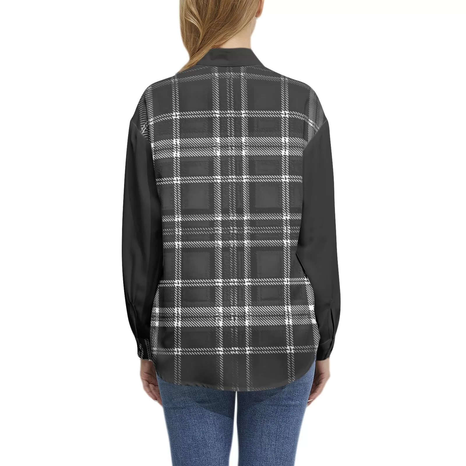 Yahuah-Tree of Life 02-04   Digital Plaid 01-06A Ladies Designer Band Collar Long Sleeve Button Up Blouse