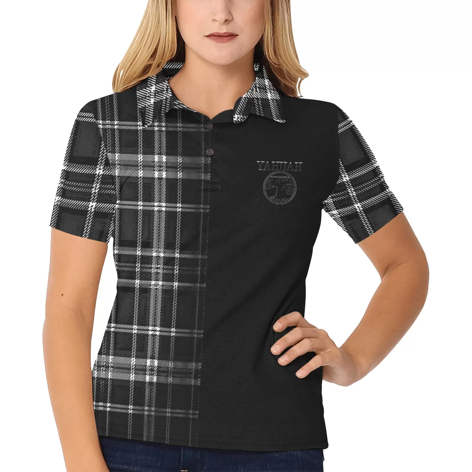 Yahuah-Tree of Life 02-04   Digital Plaid 01-06A Ladies Designer Polo Shirt