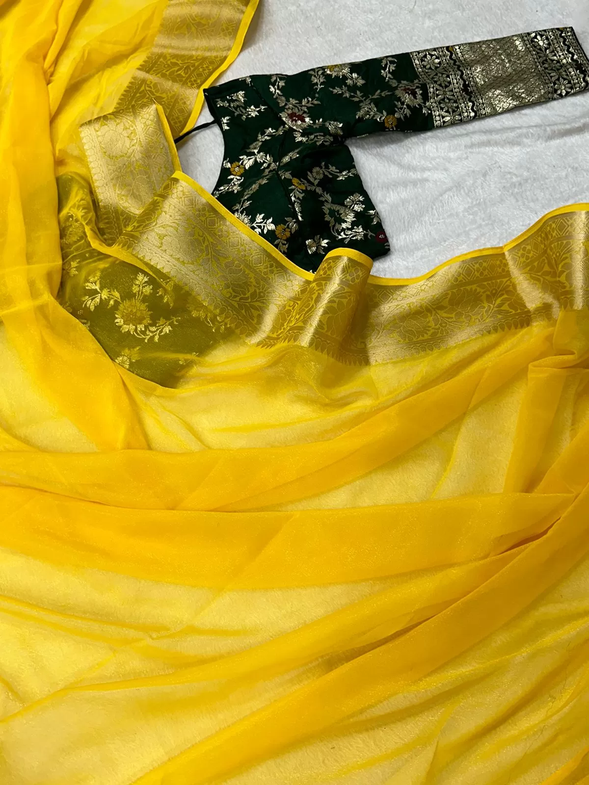 Yellow Chiffon Sari with Pink Stitched Blouse