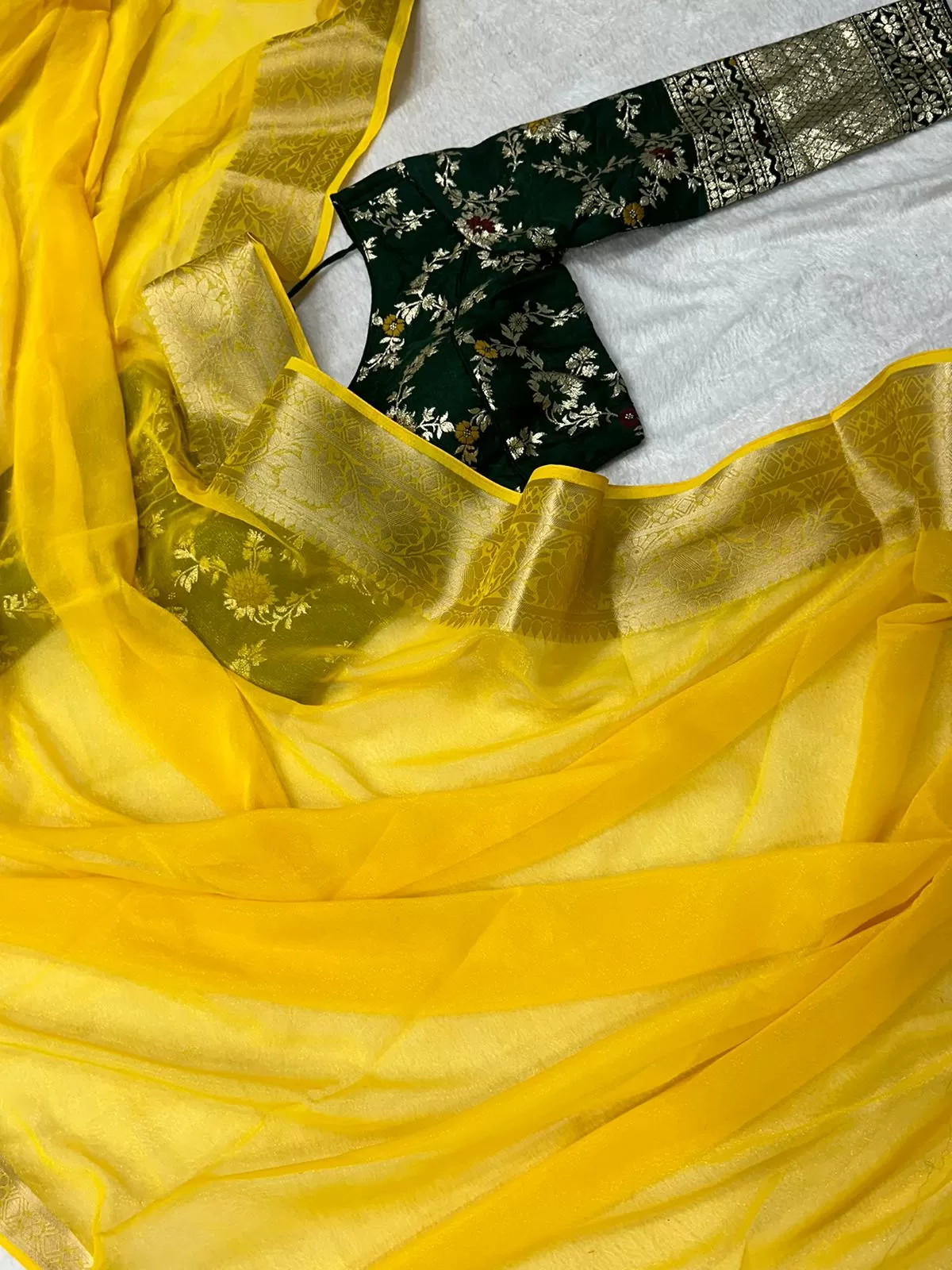 Yellow Chiffon Sari with Pink Stitched Blouse