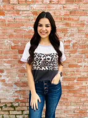 You Should Know Leopard Color Block Top  Charcoal