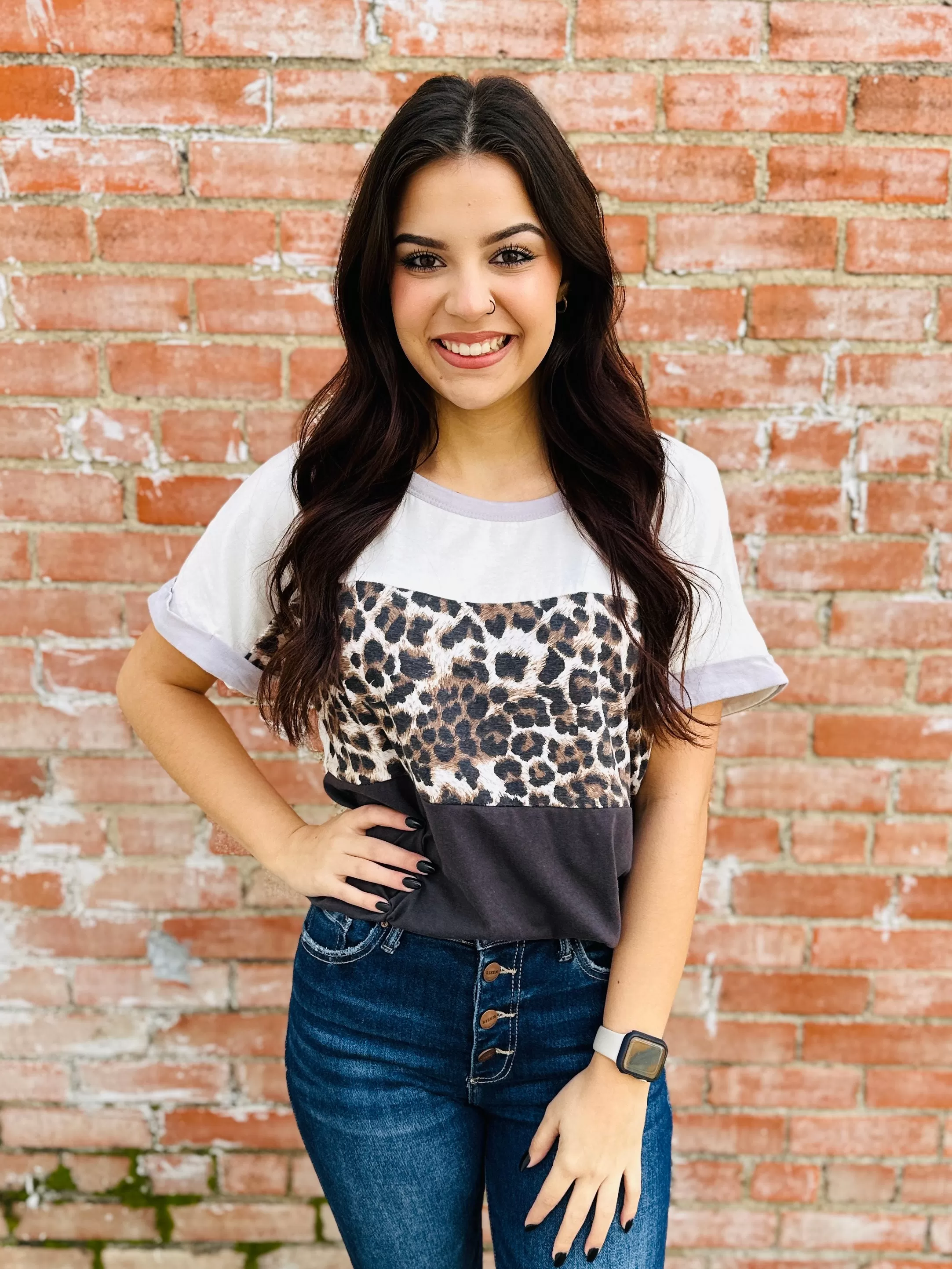 You Should Know Leopard Color Block Top  Charcoal